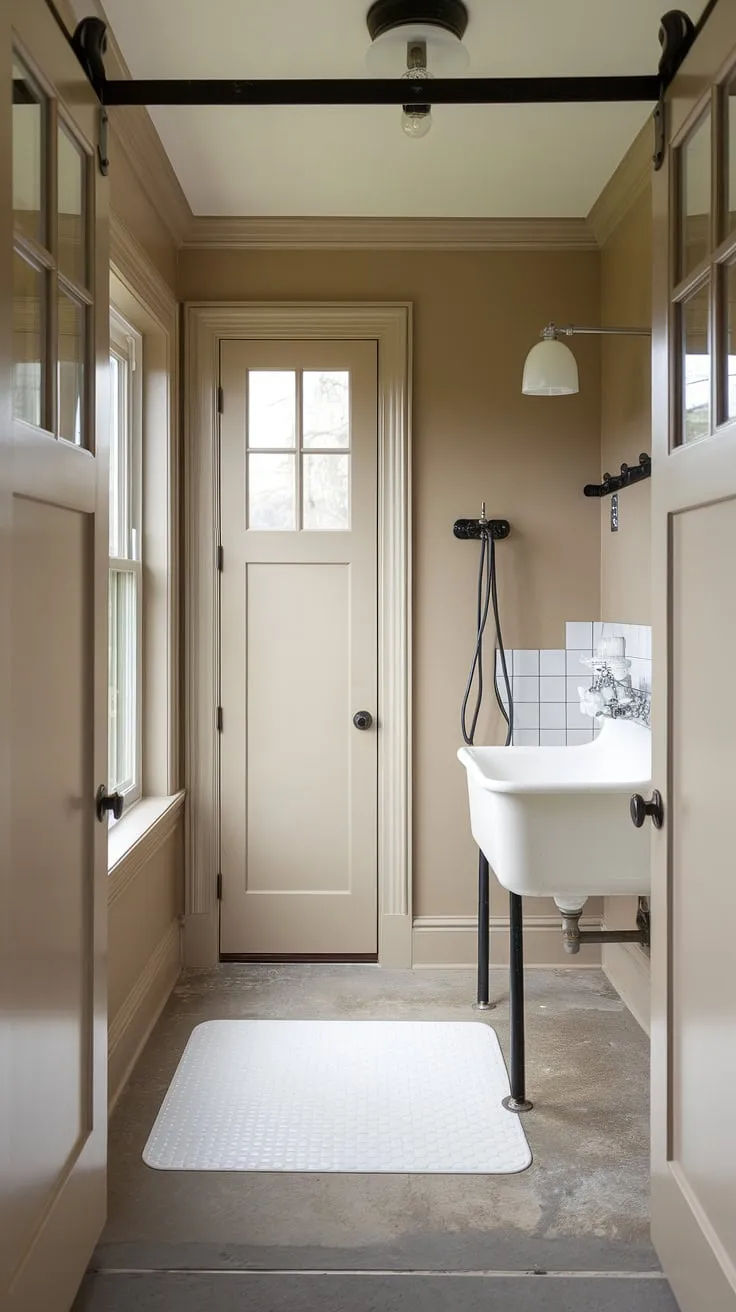 This thoughtfully designed dog wash mudroom is the ultimate pet pampering station.  The dedicated wash station, complete with hose and sink, makes bath time a breeze, while the calming dog room decor creates a relaxing space for your furry friend.  A perfect blend of functionality and style for your canine companion's very own puppy room.