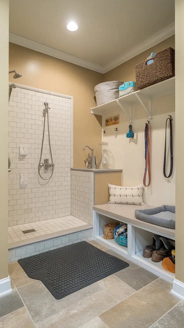Say goodbye to muddy paws and hello to this stunning dog wash mudroom!  The thoughtfully designed washing station, with its convenient faucet and shower spray, ensures a quick and easy clean.  This dog room decor is both practical and aesthetically pleasing, transforming a simple pet room into a luxurious dog bedroom.  The perfect blend of form and function for your furry friend.