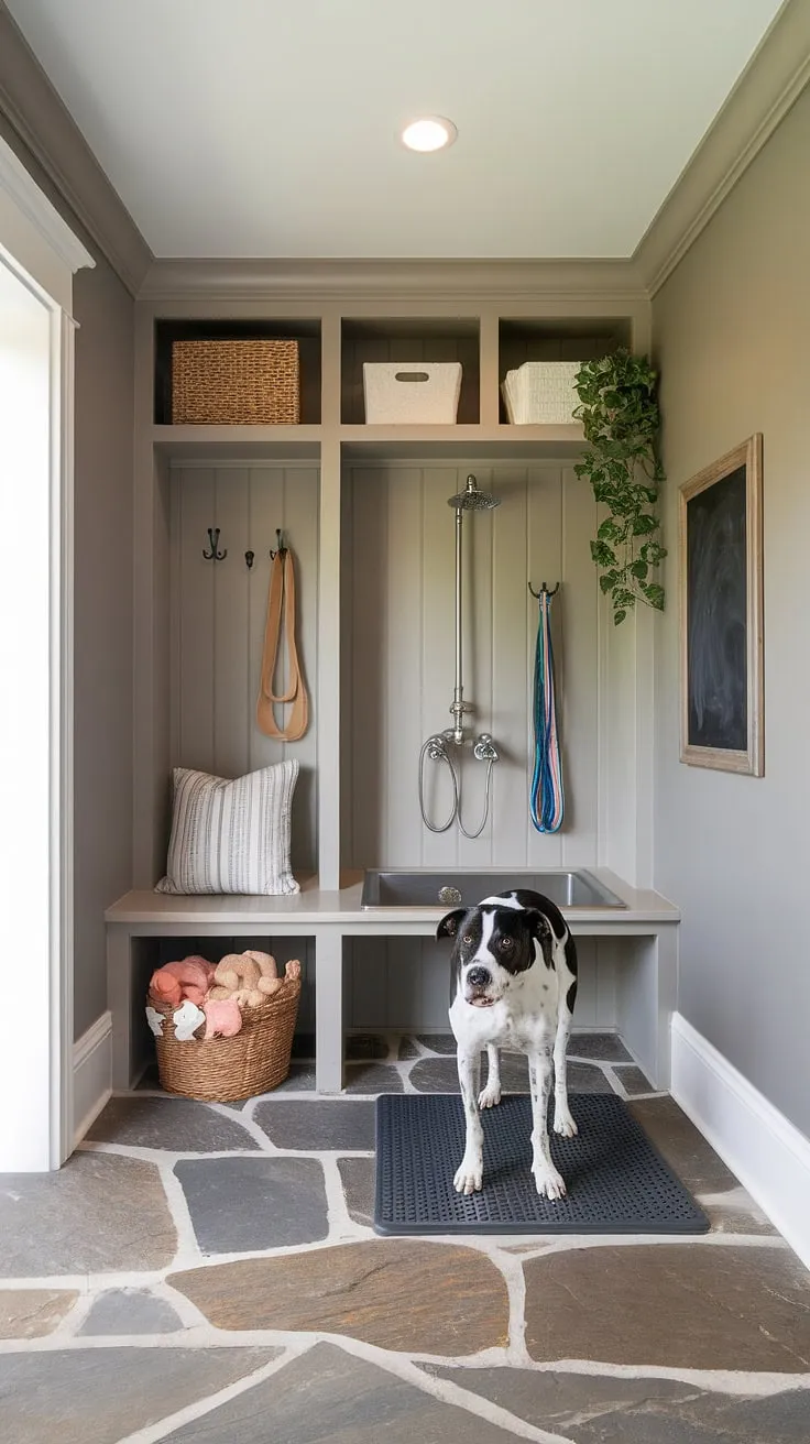 This thoughtfully designed dog wash mudroom is the ultimate pet pampering station.  The neutral tones and stone floor create a calming atmosphere, while the dedicated wash station, complete with rubber mat, ensures easy cleanup.  Clever dog room design elements like the toy basket and leash hook add to the functionality, transforming this pet room into a stylish and practical dog bedroom.