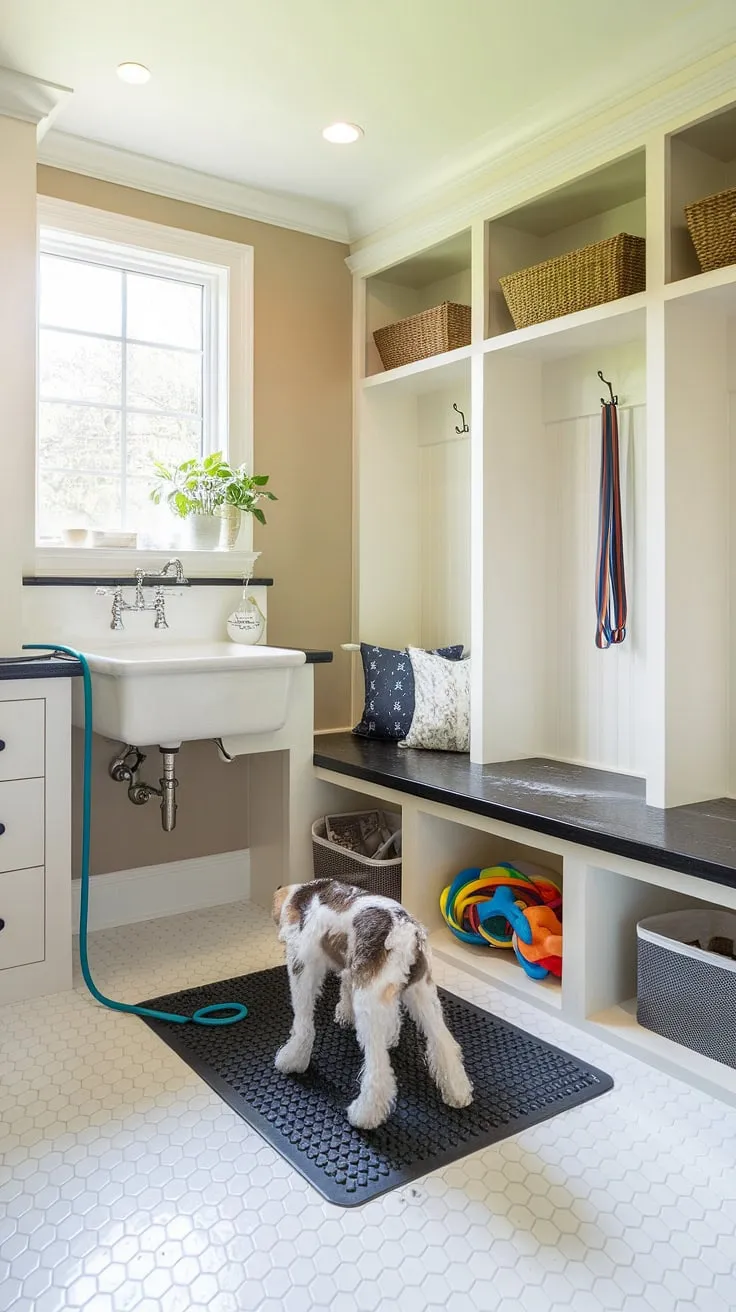 Say goodbye to muddy paws and hello to a sparkling clean pup! This dog wash mudroom boasts a fantastic dog wash station, making bath time a joy.  The dog room design is both practical and aesthetically pleasing, featuring a dedicated wash station and thoughtful dog room decor.  This pet room is the perfect addition to any dog bedroom.