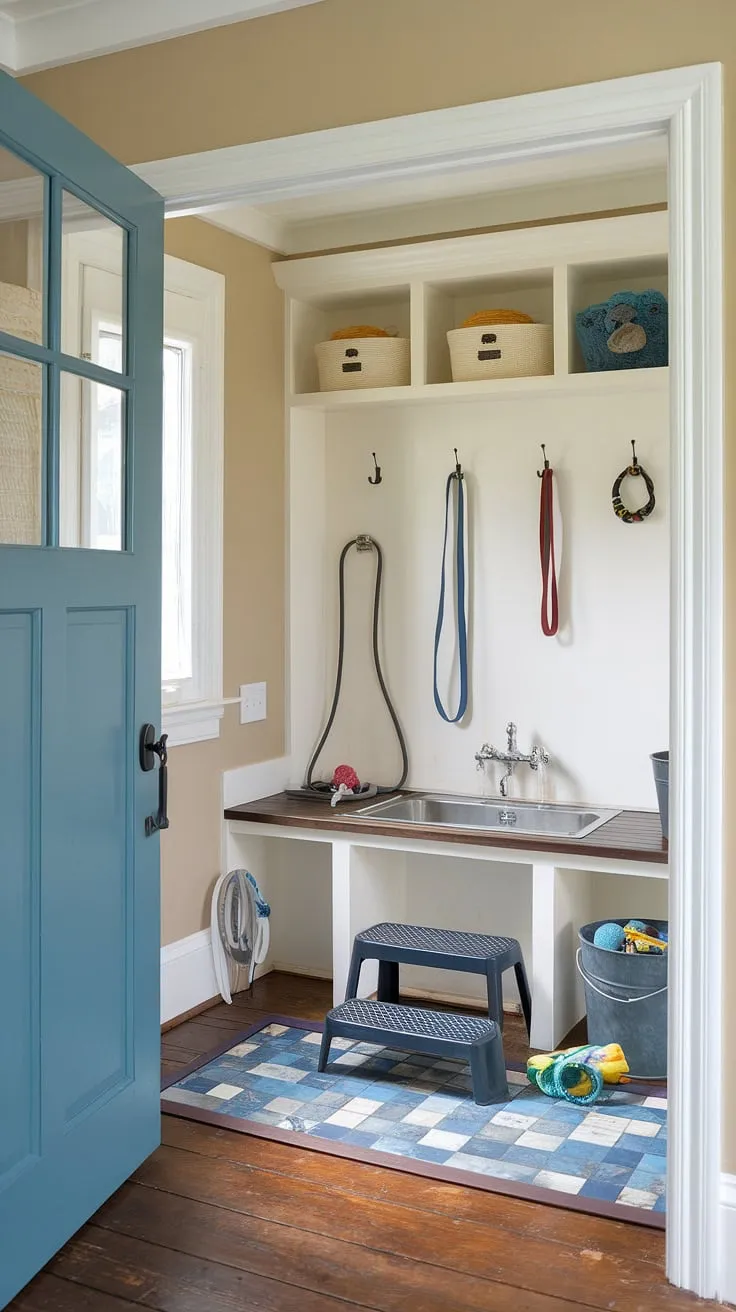 This dedicated dog wash mudroom is the ultimate in pet pampering.  The thoughtfully designed dog wash station, complete with hose and bucket, makes bath time a breeze.  Clever dog room design and decor create a functional yet charming puppy room, a true pet room haven.