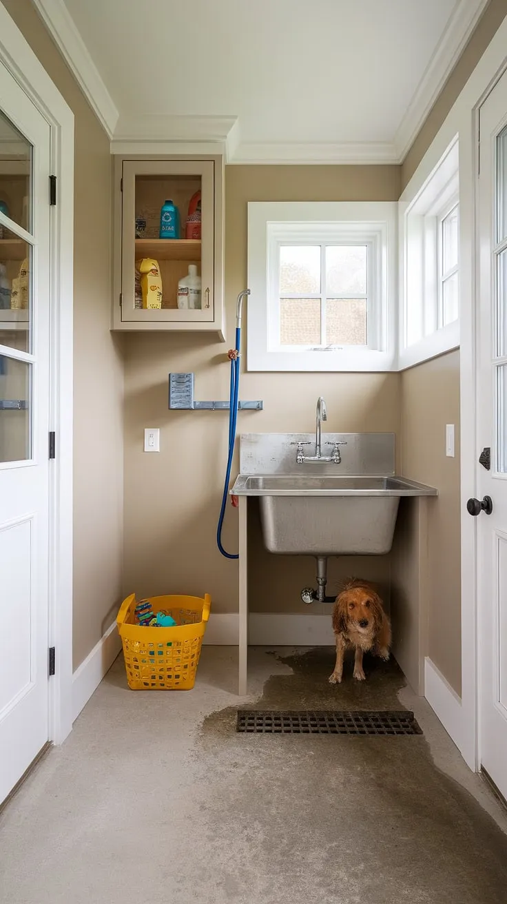 This thoughtfully designed dog wash mudroom is the ultimate pet pampering station.  The dedicated dog wash station, complete with sink and hose, makes bath time a breeze.  Clever dog room design elements, like the sloped concrete floor and convenient storage cabinet, ensure easy cleanup.  A yellow basket adds a touch of playful dog room decor to this functional and stylish puppy room.  This pet room is the perfect blend of practicality and charm.