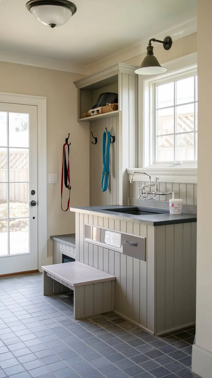 This mudroom's dog wash station is the ultimate in pet pampering.  Clever dog room design maximizes space and functionality, creating a dedicated dog bedroom area with a convenient washing station for quick cleanups.  The perfect blend of dog room decor and practicality.