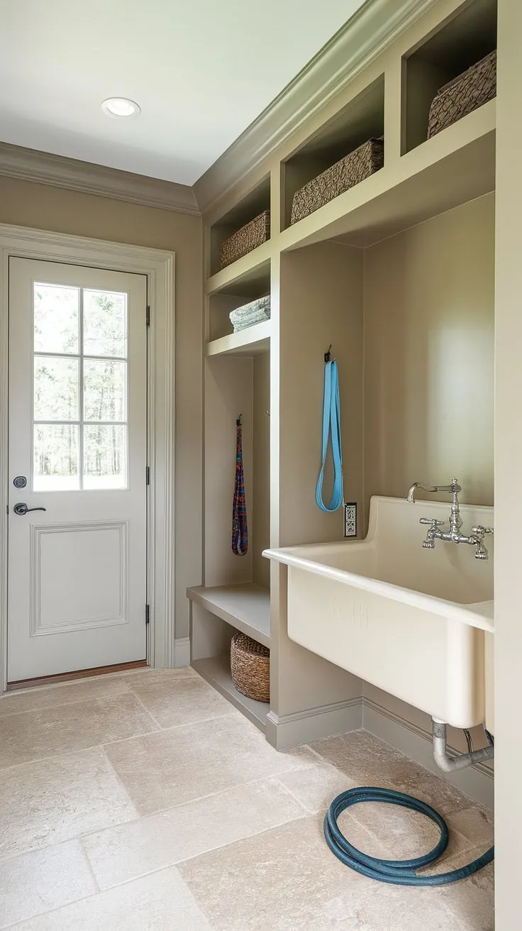 This thoughtfully designed dog wash mudroom is the ultimate pet pampering station.  The calming beige palette and practical dog room design create a relaxing atmosphere for both you and your furry friend.  Complete with a dedicated wash station, ample storage, and even a spot for leashes, this puppy room is the epitome of dog room decor.