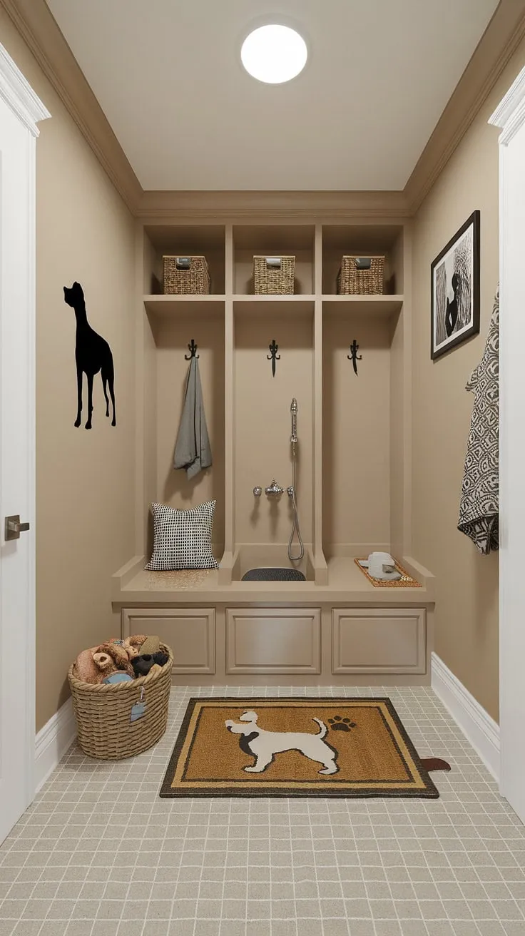 This dedicated dog wash mudroom is the ultimate in pet pampering.  The thoughtfully designed wash station, complete with a cozy rug and playful dog room decor, makes bath time a breeze.  A true testament to clever dog room design, transforming a functional space into a stylish and practical pet room.