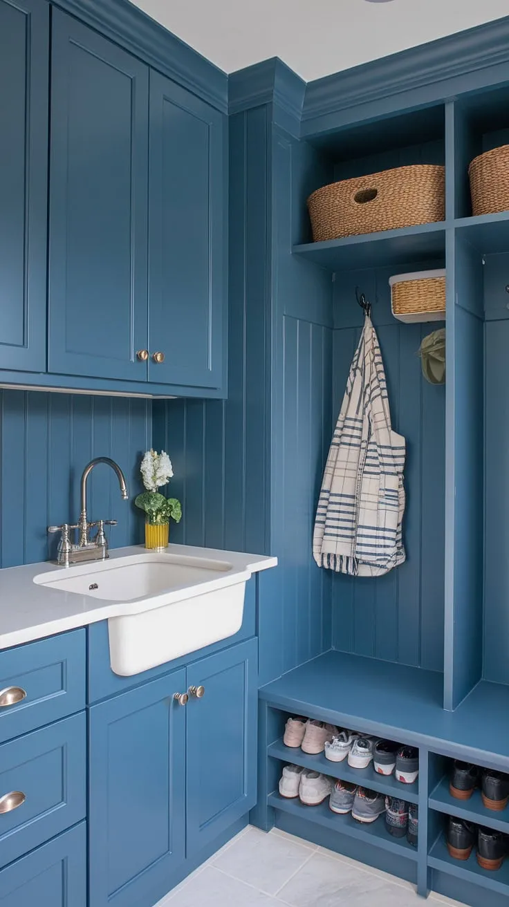 A serene blue mudroom, perfectly blending form and function.  This mudroom laundry room features smart laundry room storage ideas within stylish mudroom cabinets, a practical sink, and a convenient shoe cubby. The IKEA laundry room elements contribute to the overall transitional design, resulting in a truly organized and inviting space.