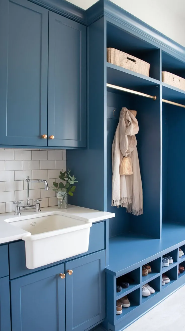 A transitional mudroom with IKEA storage, a built-in sink, and shoe cubbies achieves a clean and organized space.