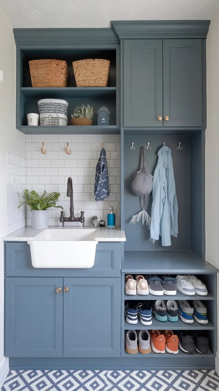 Transform your entryway with a stylish blue mudroom featuring a sink, ample storage, and integrated laundry facilities.