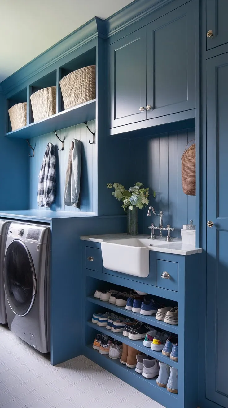 This blue mudroom with sink is the ultimate organizational dream!  Mudroom cabinets and a shoe cubby keep everything tidy, while the integrated laundry area offers clever laundry storage ideas.  A transitional design blends modern and traditional elements seamlessly, making this Ikea laundry room makeover a true inspiration.