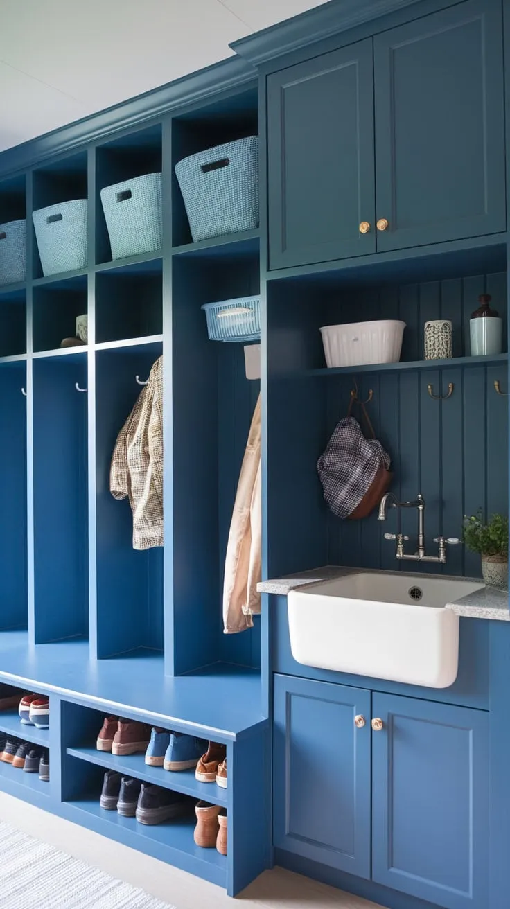A stylish transitional blue mudroom boasts IKEA furniture, a sink, ample shoe storage, and clever laundry solutions.