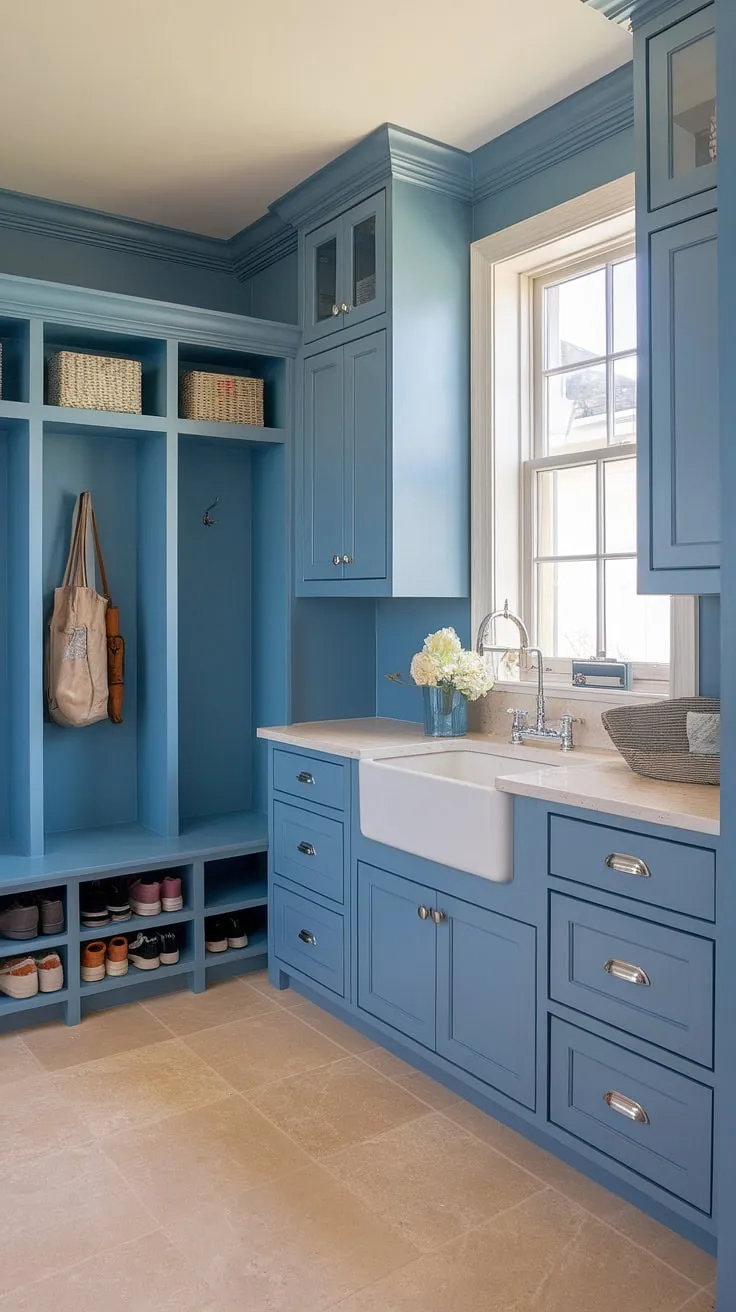 This transitional laundry room seamlessly blends function and style.  The blue mudroom, complete with a built-in sink, mudroom cabinets, and a handy shoe cubby, effortlessly flows into the bright white laundry area brimming with smart laundry storage ideas.  A mudroom makeover that truly elevates everyday life.  The IKEA-inspired design proves that even laundry room storage ideas can be chic and efficient.