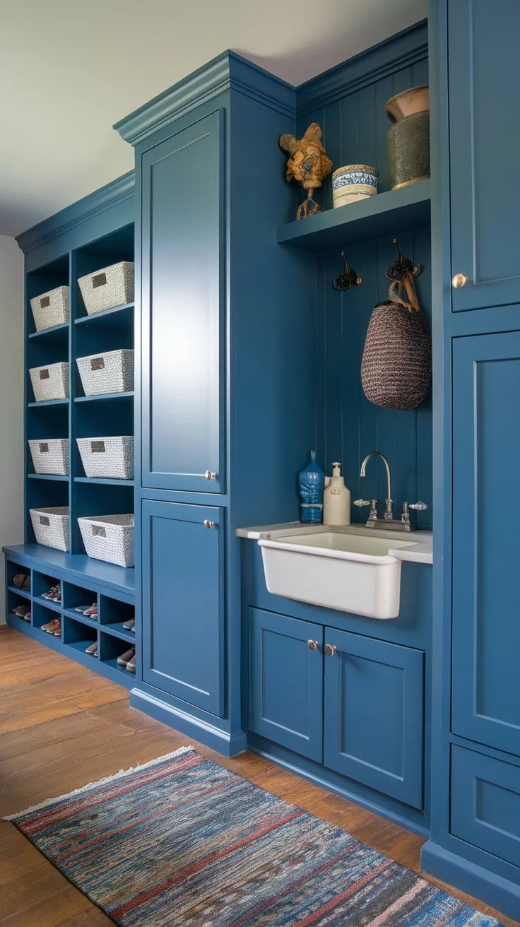 A charming blue mudroom boasts a sink, ample storage, and rustic wooden floors, creating a functional and stylish entryway