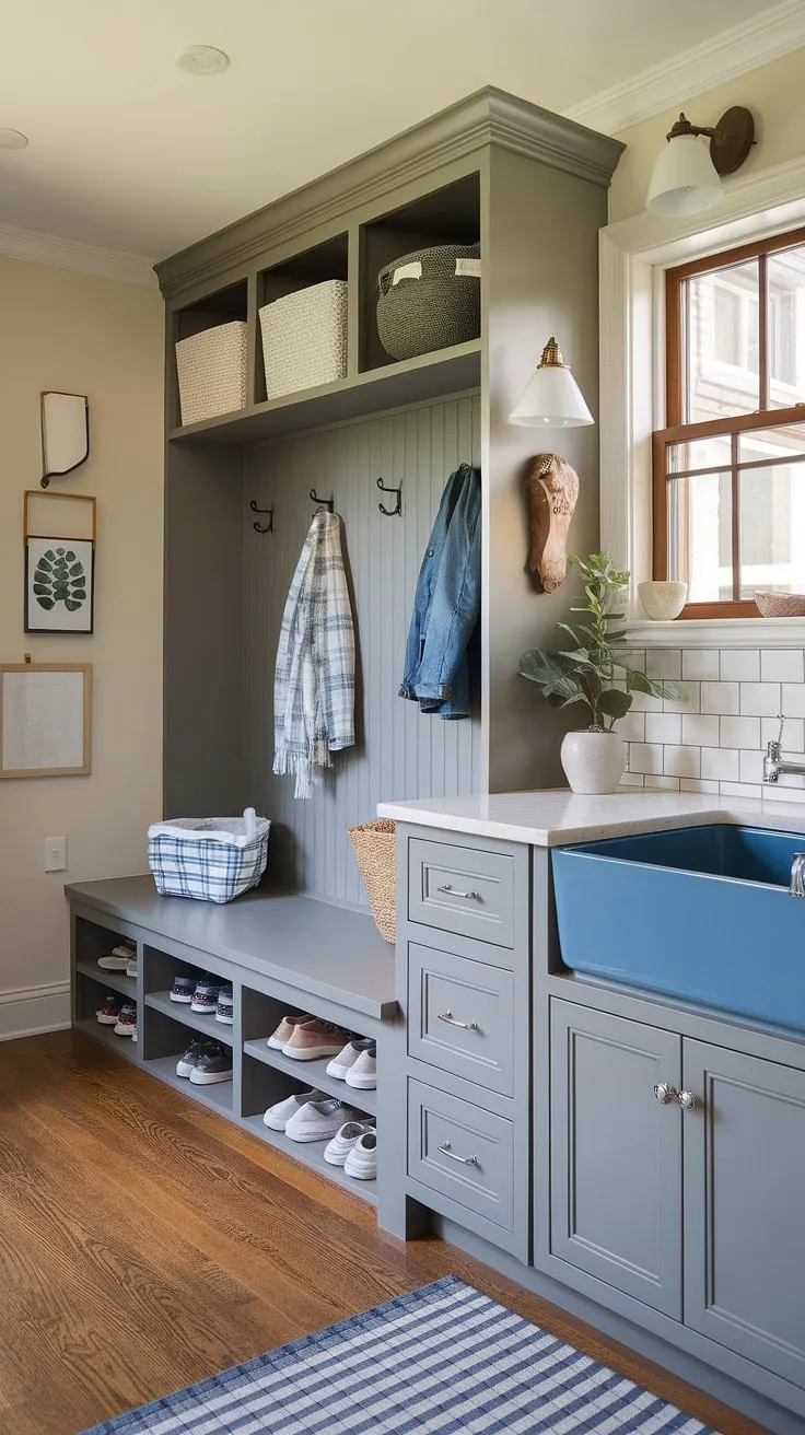 This transitional laundry room and mudroom is the epitome of organized functionality.  The blue mudroom sink, custom mudroom cabinets, and clever shoe cubby make this Ikea laundry room makeover a dream.  Plenty of laundry storage ideas and laundry room storage ideas are incorporated, creating a space that's both stylish and practical.