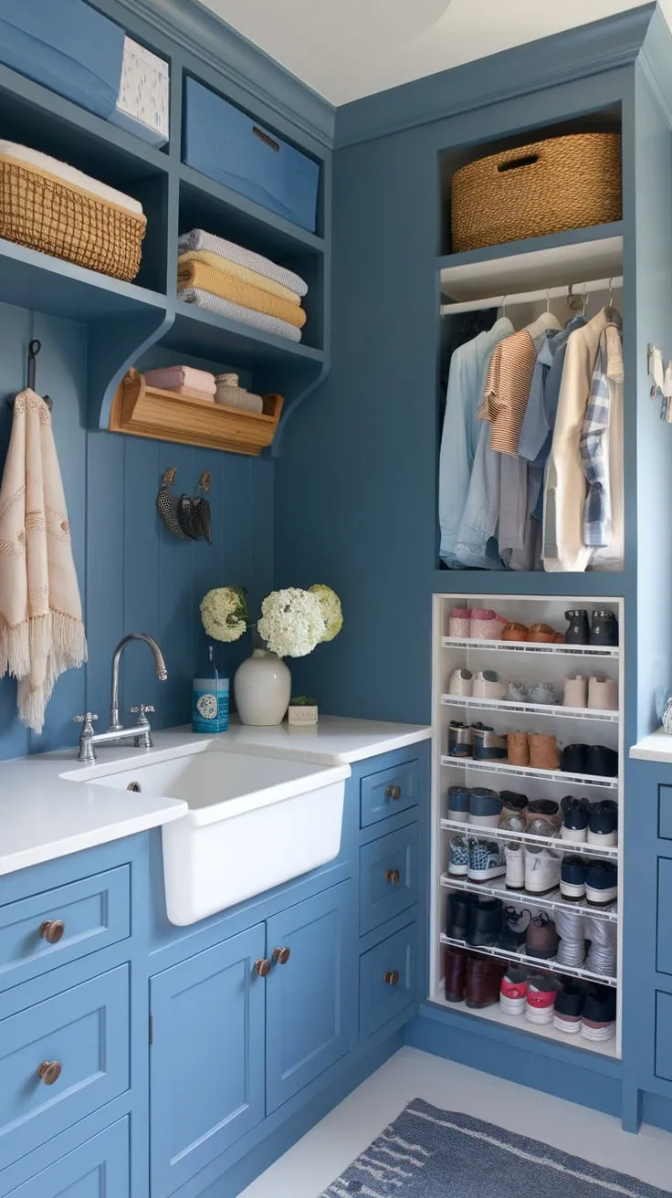 A bright blue mudroom boasts a sink, ample cabinets, and smart laundry storage, creating a functional and stylish space.