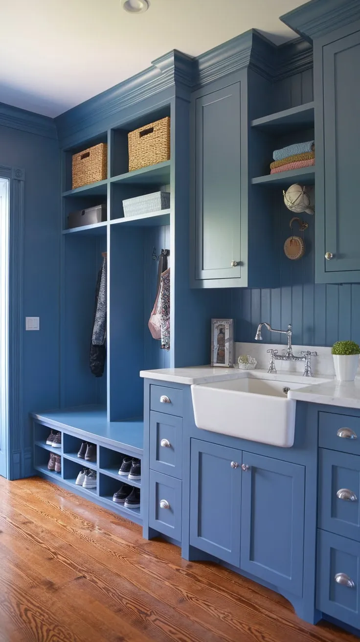 A serene blue mudroom boasts a white sink, ample cabinetry, hardwood floors, and convenient shoe storage for a stylishly functional space