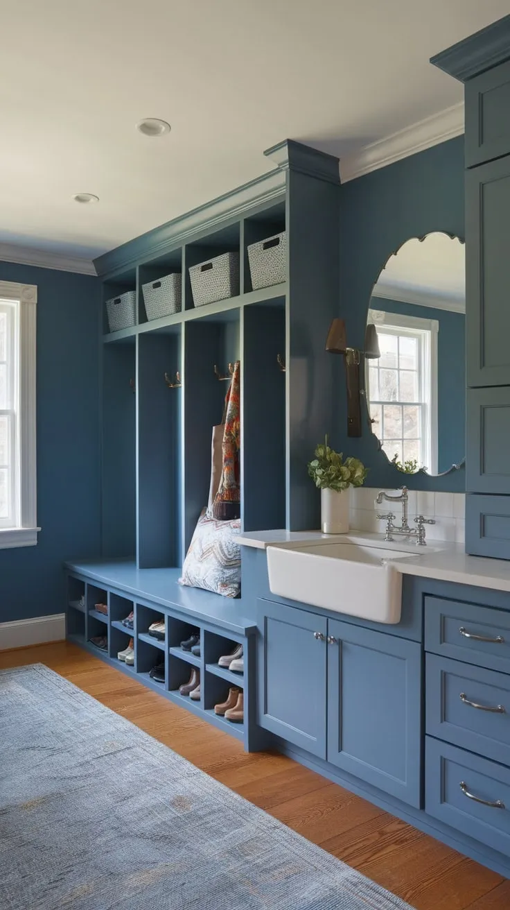 A stylish transitional mudroom boasts a sink, cabinets, and shoe cubby, all complemented by a blue accent wall and cozy rug.