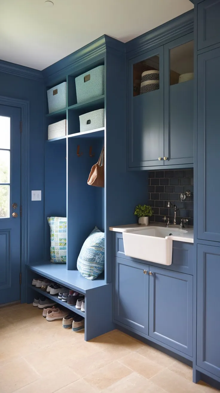 A stylish transitional blue mudroom boasts a sink, Ikea-inspired laundry storage, and built-in cubbies for ultimate organization