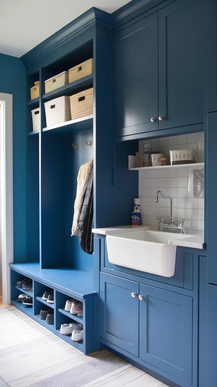 Transitional style meets practicality in a blue mudroom featuring IKEA cabinetry, a built-in sink, shoe storage, and a laundry area.