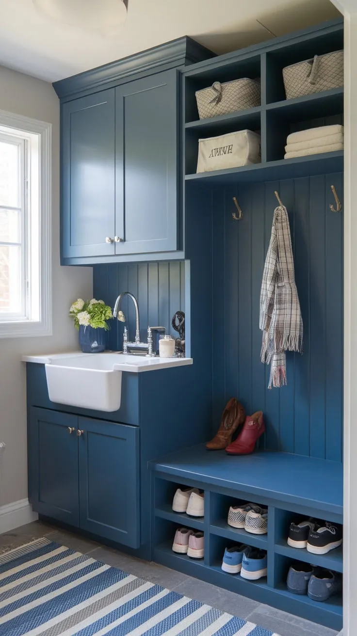 A transitional blue mudroom makeover boasts a sink, cabinets, shoe cubby, and laundry room storage ideas