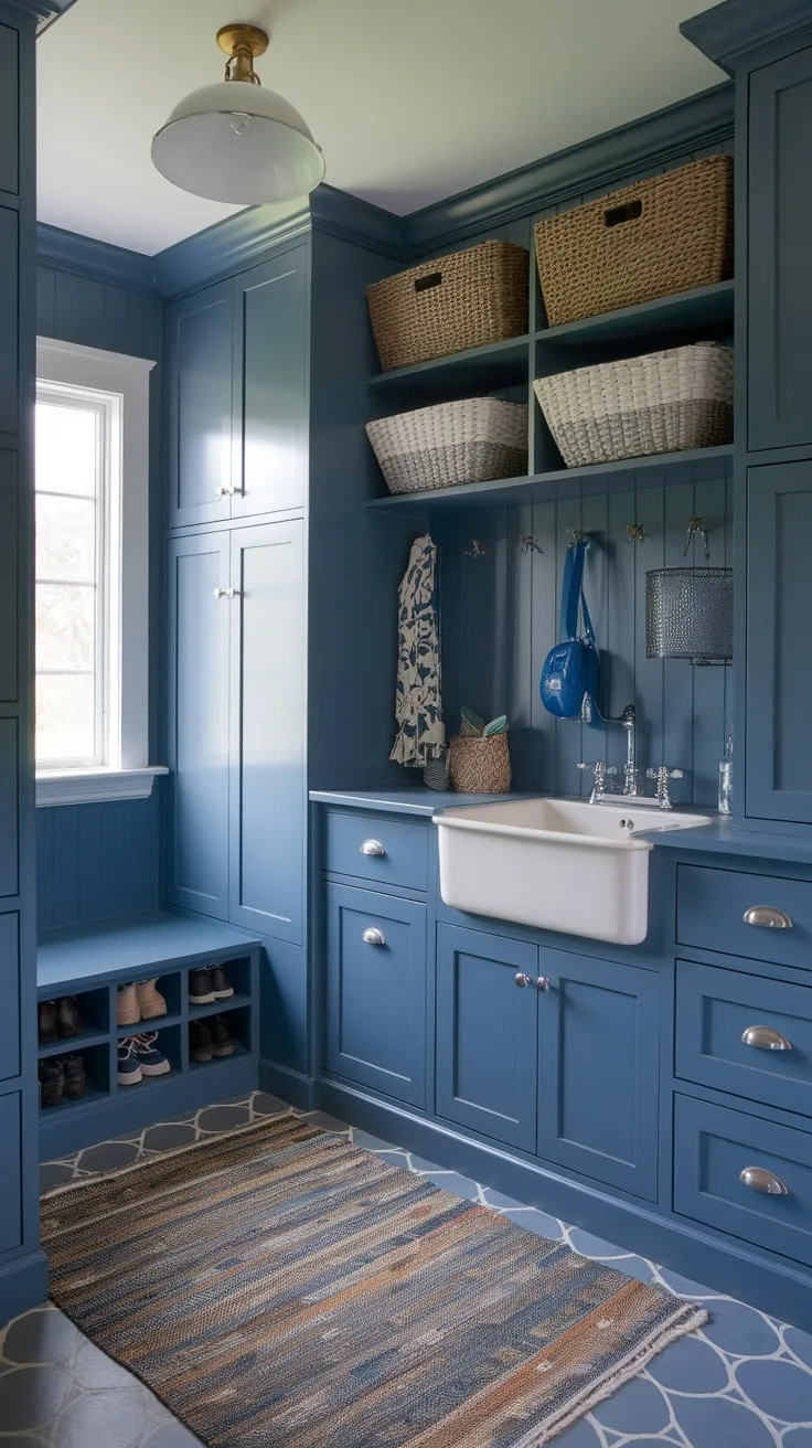 A stylish blue mudroom boasts a sink, ample storage, and thoughtful design elements for ultimate organization and convenience