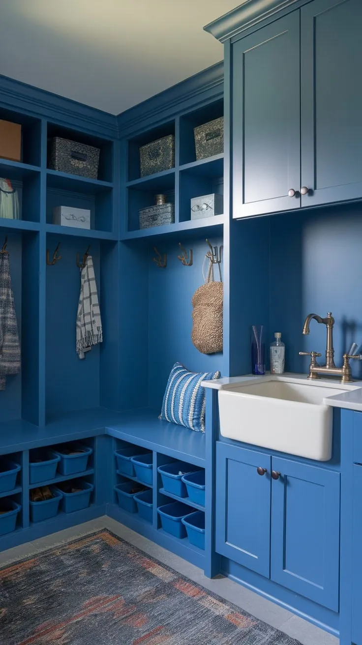 A stylish blue mudroom boasts a bronze-faucet sink, ample cabinetry, and organized storage for shoes and belongings.