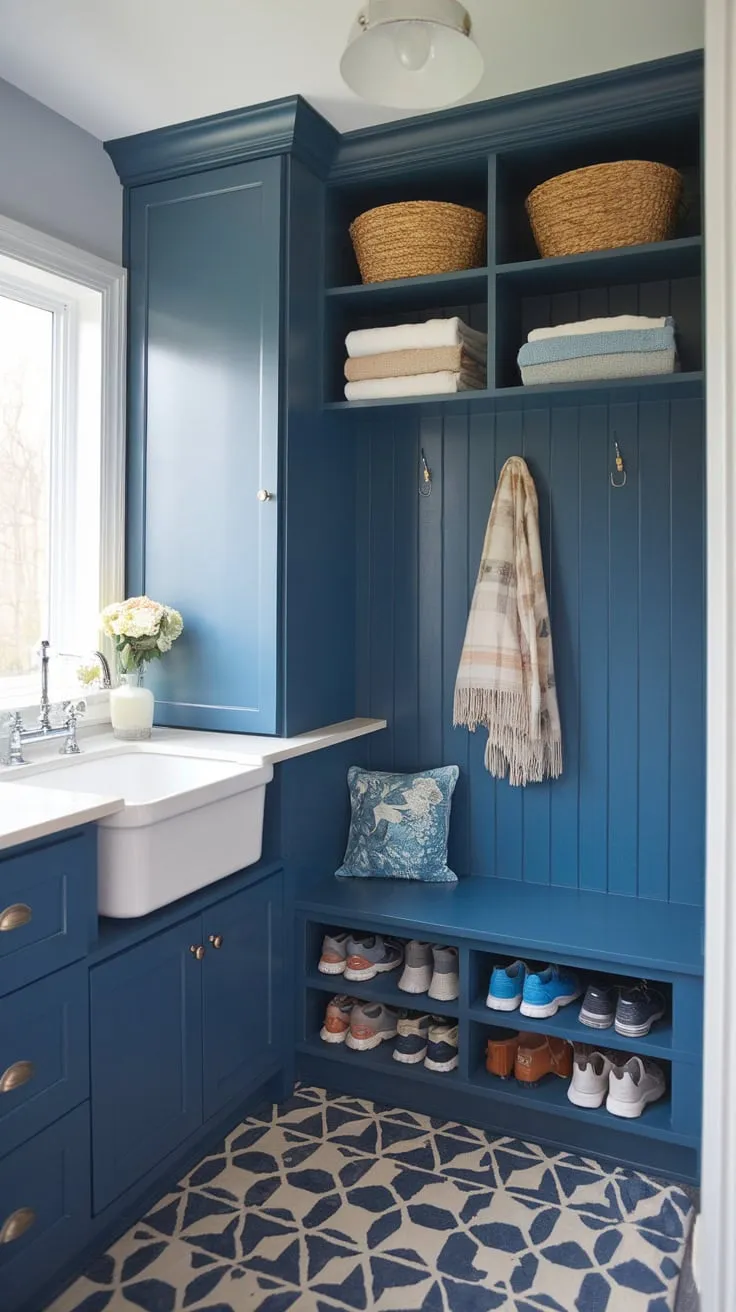 Transform your laundry space with a stunning blue mudroom featuring IKEA cabinets, a built-in sink, and clever shoe storage.
