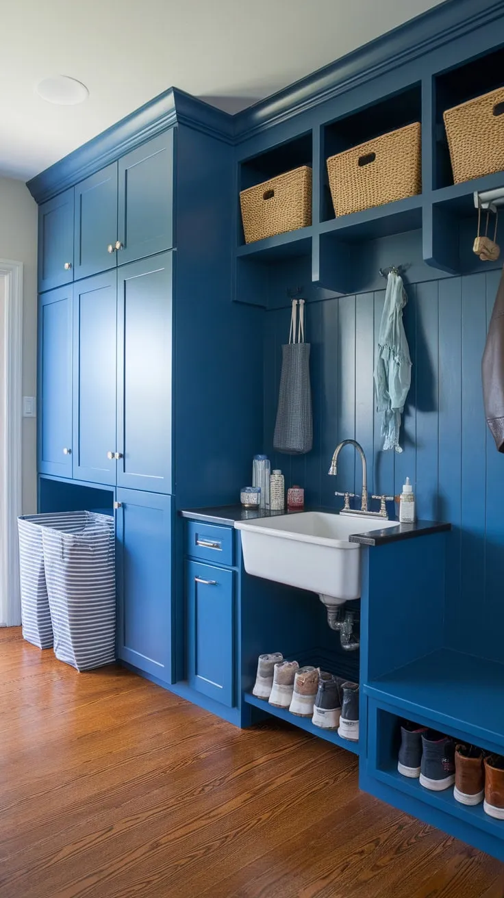 A stylish transitional mudroom boasts Ikea storage, a handy sink, and hardwood floors, seamlessly blending laundry room functionality with chic design.