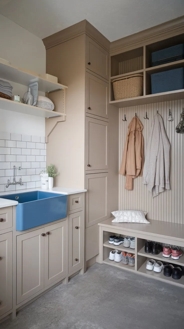 A stylish transitional mudroom boasts a blue sink, Ikea cabinetry, concrete floors, and ample storage for coats, shoes, and laundry.