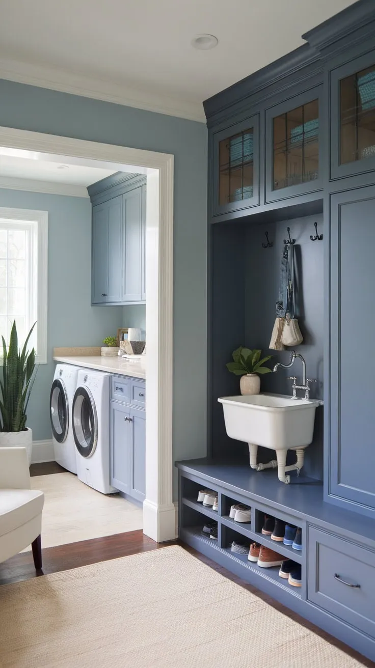 A serene blue mudroom featuring a sink, cabinets, and shoe cubby flows seamlessly into a laundry room, creating a practical and stylish transitional space.