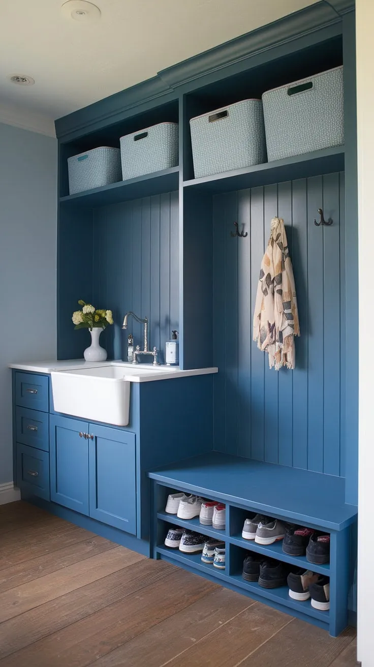 A stunning transformation! This mudroom with sink boasts a fresh blue palette and smart storage solutions.  The IKEA laundry room elements blend perfectly with the mudroom cabinets, offering ample laundry storage ideas within this mudroom laundry room. The shoe cubby and wood plank floors complete the look of this transitional laundry room.