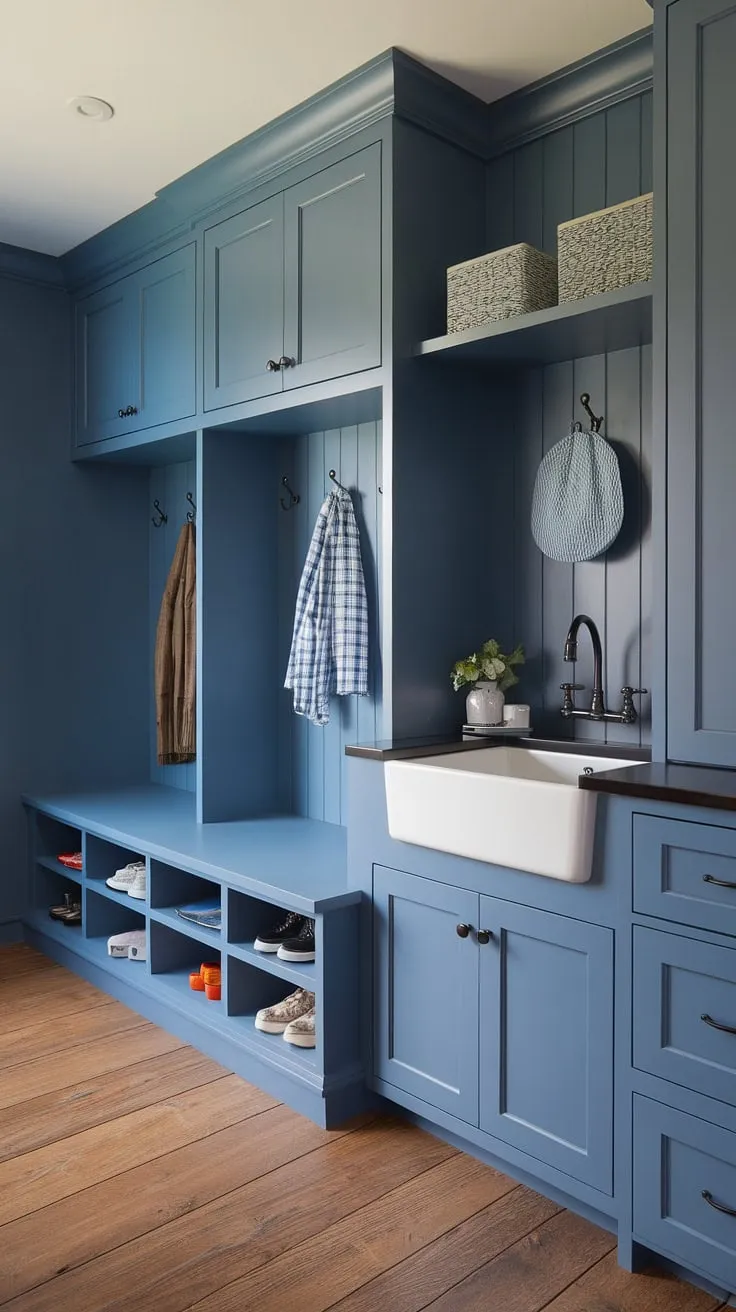 This blue mudroom with sink is the ultimate organizational dream!  White mudroom cabinets, a sleek black sink, and clever laundry storage ideas create a functional and stylish space. The shoe cubby keeps things tidy, and the mudroom laundry room combo maximizes efficiency.  A true mudroom makeover success, showcasing smart storage solutions and a transitional laundry room design.  Even the IKEA-inspired touches add to the charm.