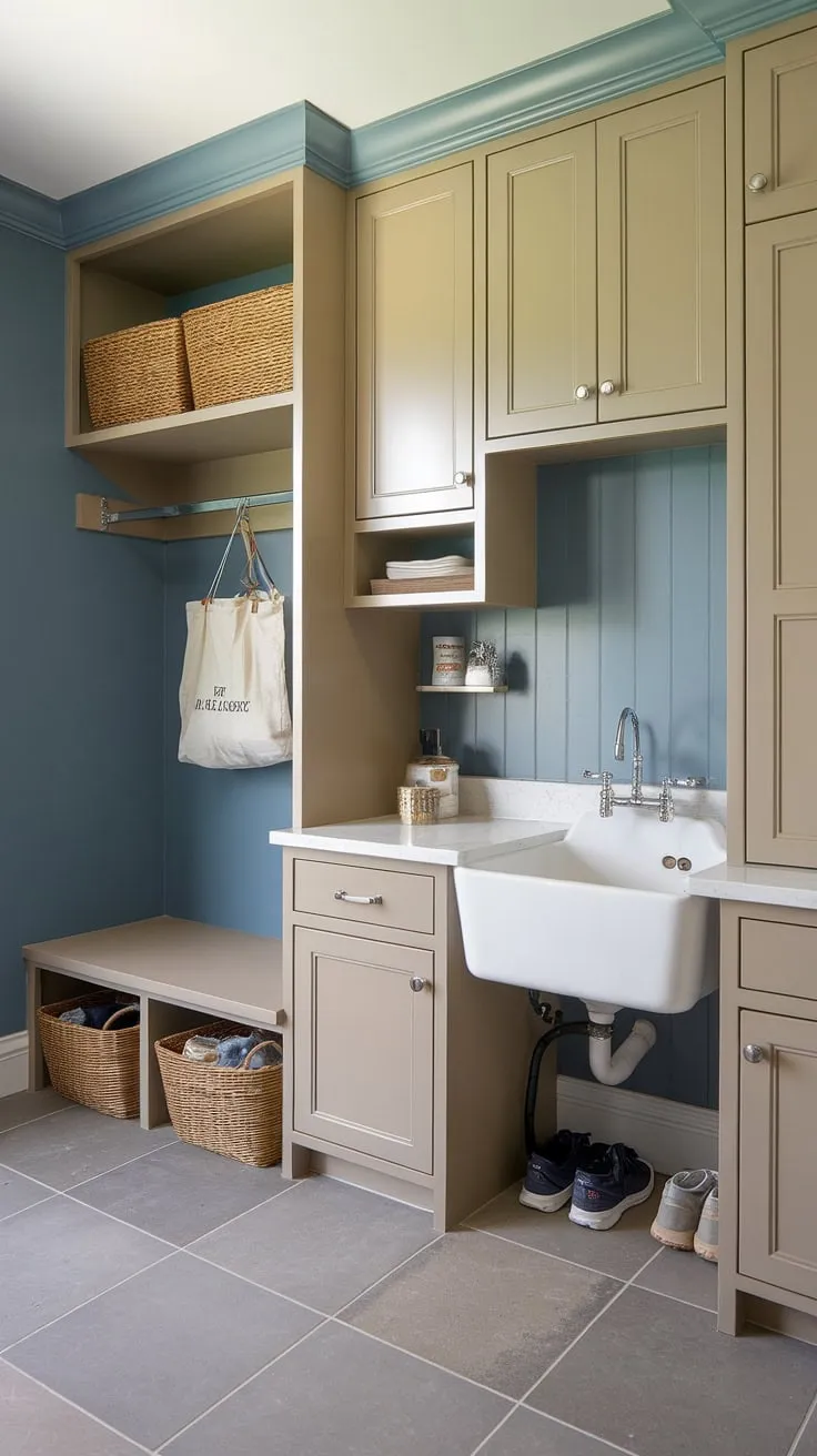 This blue mudroom with sink is the ultimate organizational dream.  The beige mudroom cabinets and gray floor create a calming transitional style, while the shoe cubby, laundry storage ideas, and clever use of space make this mudroom laundry room a true marvel.  A mudroom makeover this stylish is achievable, even with IKEA laundry room solutions.