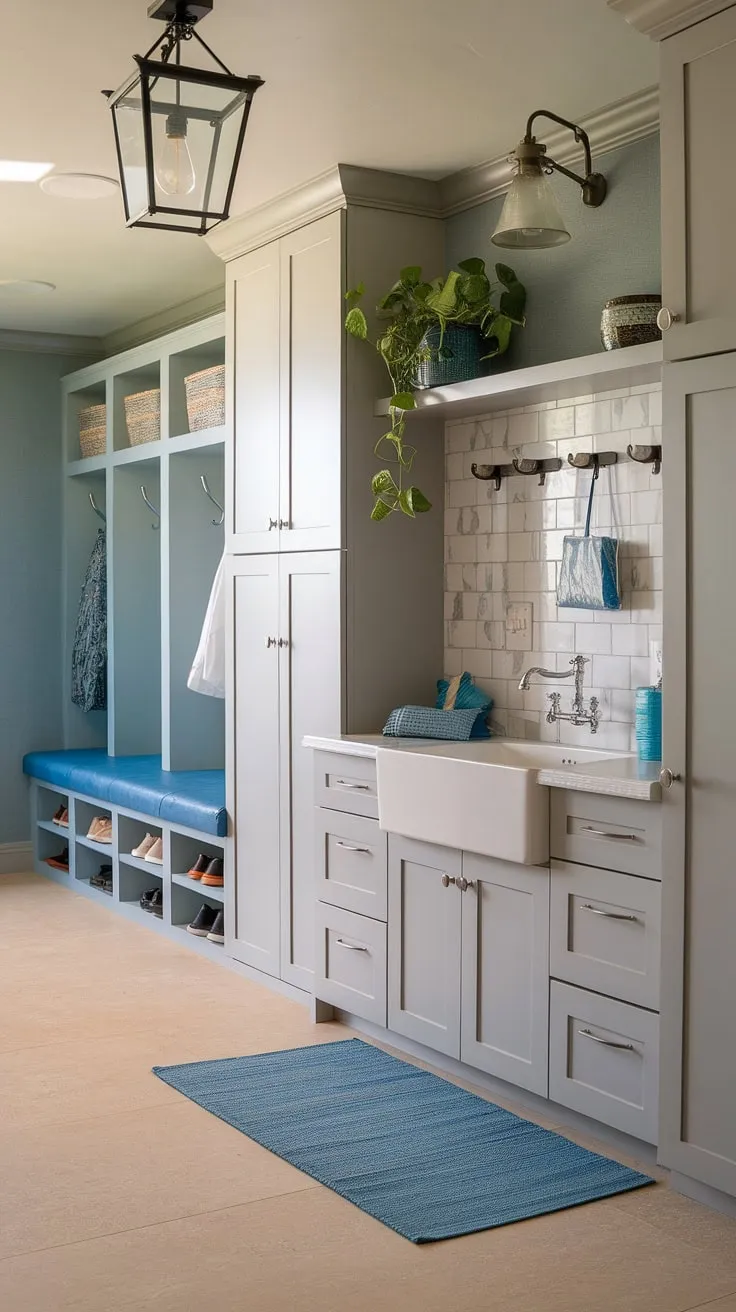 This blue mudroom with sink and thoughtfully designed mudroom cabinets is the ultimate mudroom makeover.  The added shoe cubby and clever laundry storage ideas, perfect for a mudroom laundry room combo, create a functional and stylish space.  The transitional laundry room design, even incorporating IKEA laundry room elements, feels both calming and efficient.