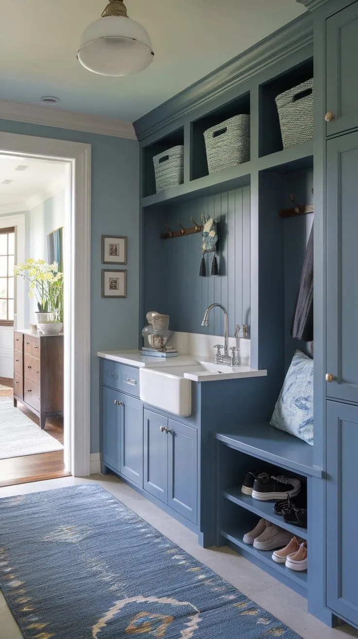 A stylish transitional mudroom boasts a sink, ample storage, and a calming blue palette, creating a functional and inviting entryway.