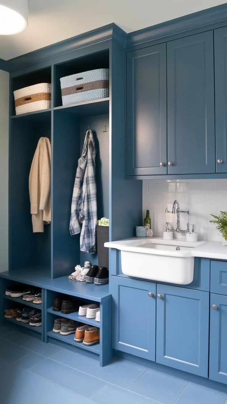 This organized transitional mudroom features a sink, IKEA cabinets, and laundry area, creating a functional and aesthetically pleasing space.
