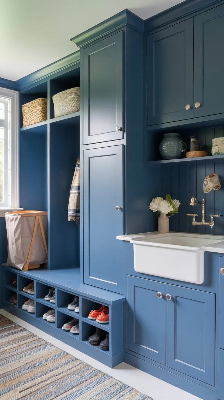 A transitional-style blue mudroom features a white sink, cabinets, shoe cubby, and laundry hamper for ultimate organization.