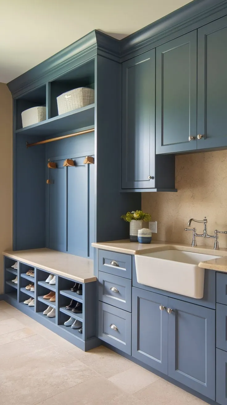 A beige-toned mudroom offers practical storage solutions including a sink, cabinets, shoe cubbies, and a laundry area with hanging rod and shelves.