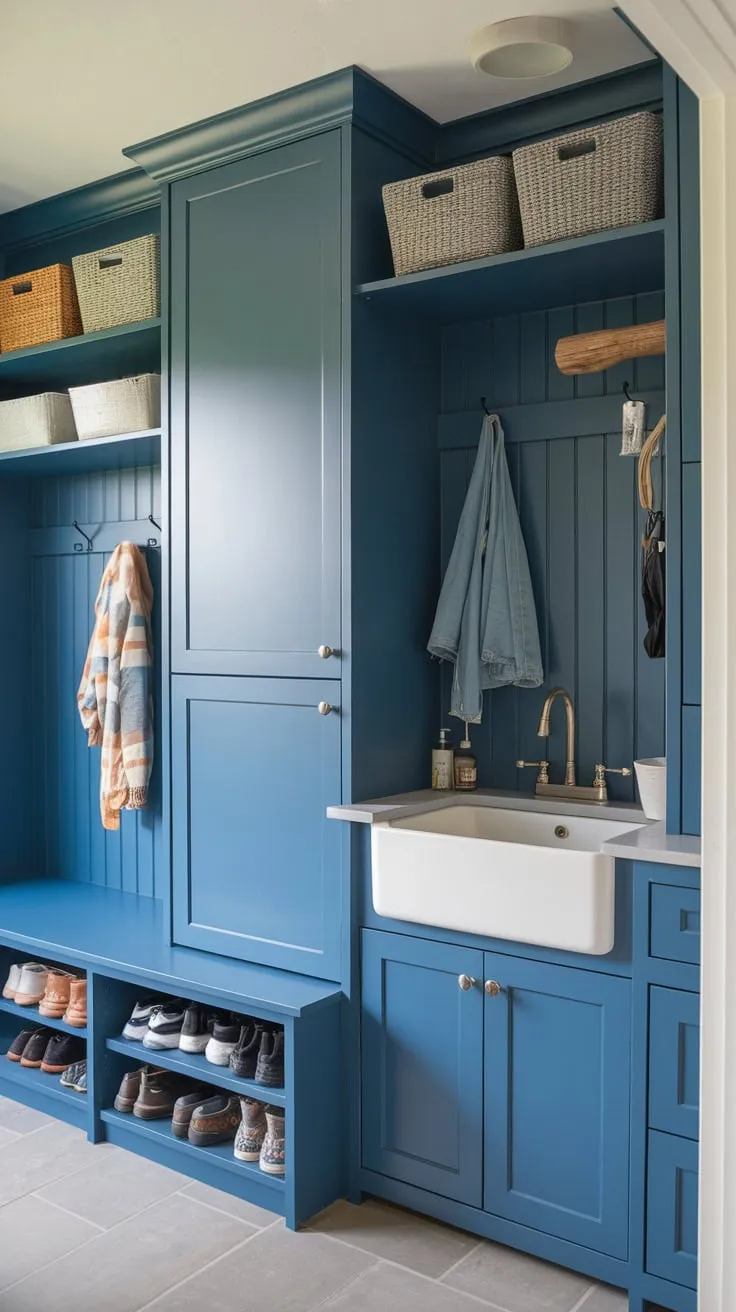 A stylish transitional blue mudroom boasts IKEA-inspired storage, a handy sink, and built-in cubbies for ultimate organization