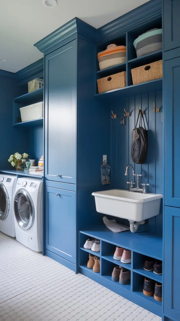 A stylish transitional blue mudroom boasts Ikea storage, a sink, laundry facilities, and ample shoe cubbies.