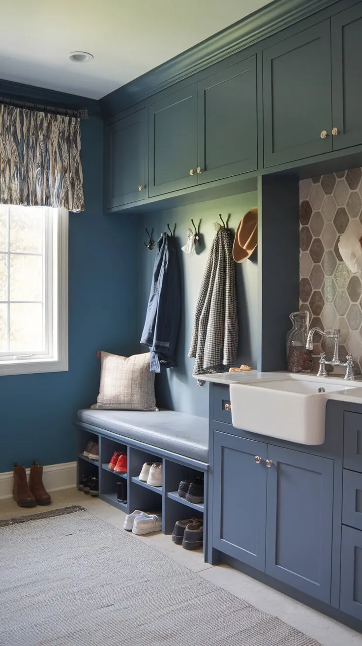 Organized chaos meets charming functionality in this mudroom featuring a sink, built-in storage, and a welcoming atmosphere.