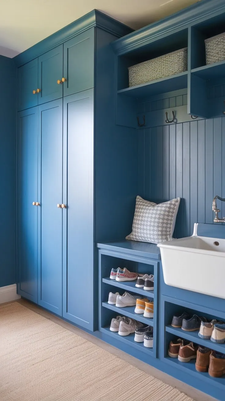 A stylish blue mudroom seamlessly blends laundry functionality with IKEA cabinetry, a built-in sink, and ample shoe storage