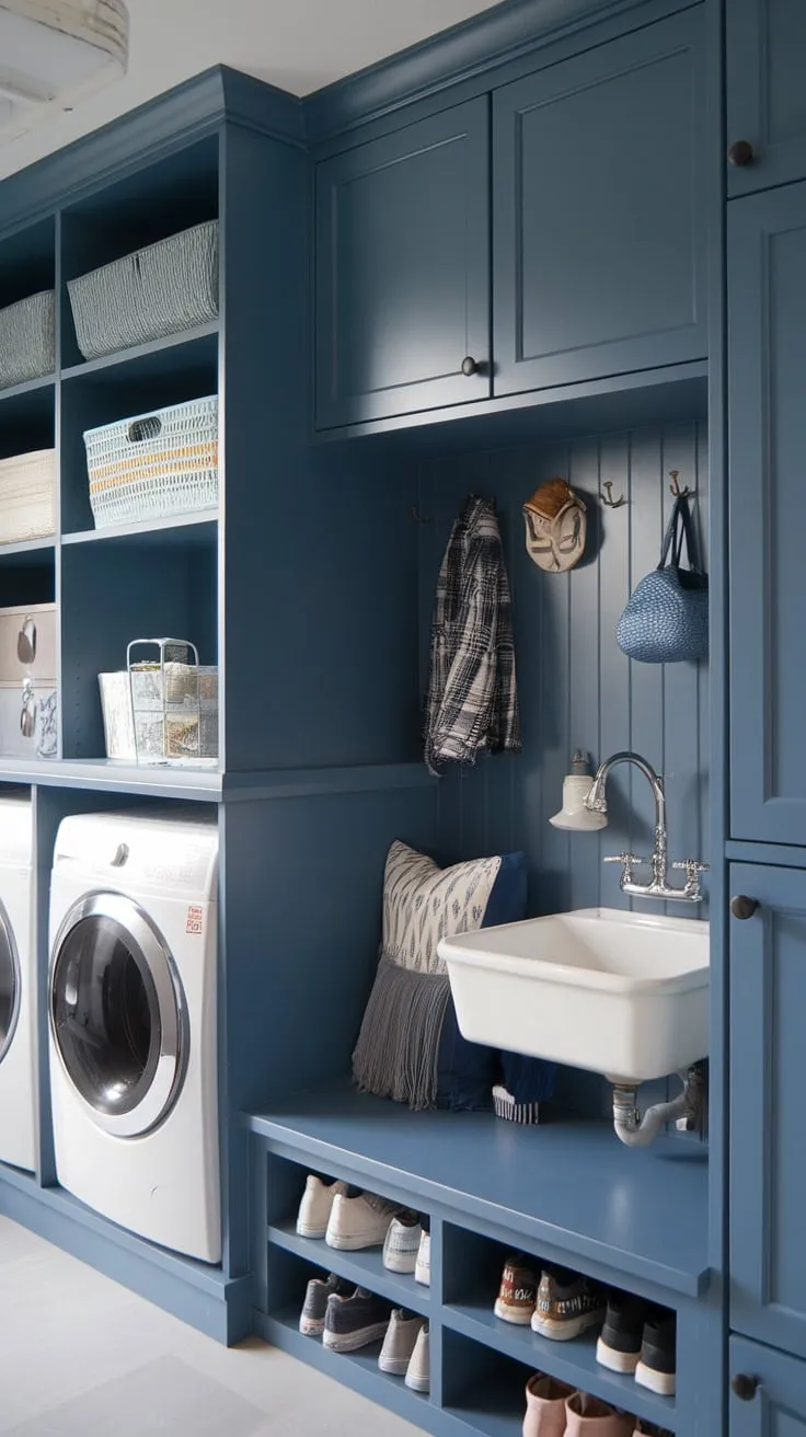 A functional transitional mudroom features an IKEA-designed sink, cabinets, shoe storage, and laundry area maximizing space and style.