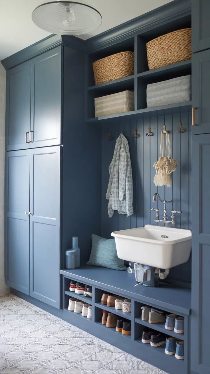 A stylish transitional blue mudroom boasts Ikea cabinets, a handy sink, laundry storage, and a shoe cubby for ultimate organization