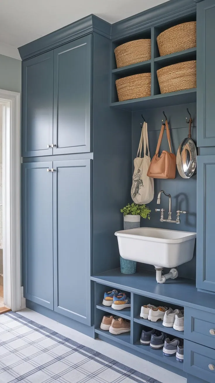 Transform your entryway with a stunning blue mudroom featuring a sink, built-in storage, and a clever IKEA-hack laundry solution.