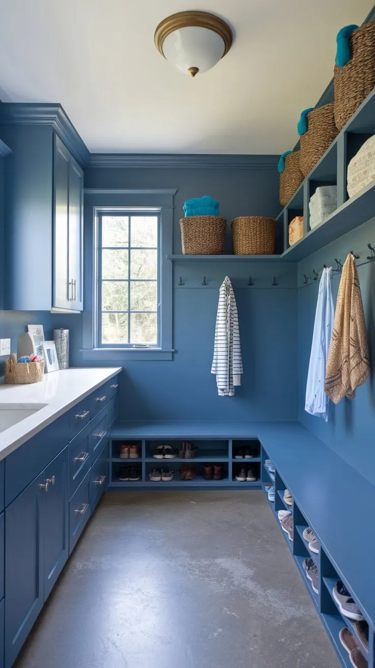 A stylish blue mudroom boasts a sink, ample storage, and a practical design for laundry and shoes