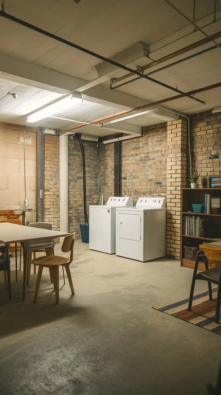 Bright and airy, this basement laundry ideas showcase a successful unfinished basement laundry room design. The exposed brick walls add character to this multipurpose basement room, while the laundry area is efficiently incorporated without sacrificing space. This is a great example of how to maximize space and style with downstairs basement ideas and unfinished basement transformations.