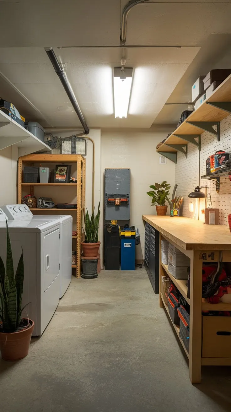 From unfinished basement laundry room to organized and inviting space: this multipurpose basement room is a testament to the power of creative basement design ideas. Laundry in basement? Absolutely! This unfinished basement transformation is full of inspiration.