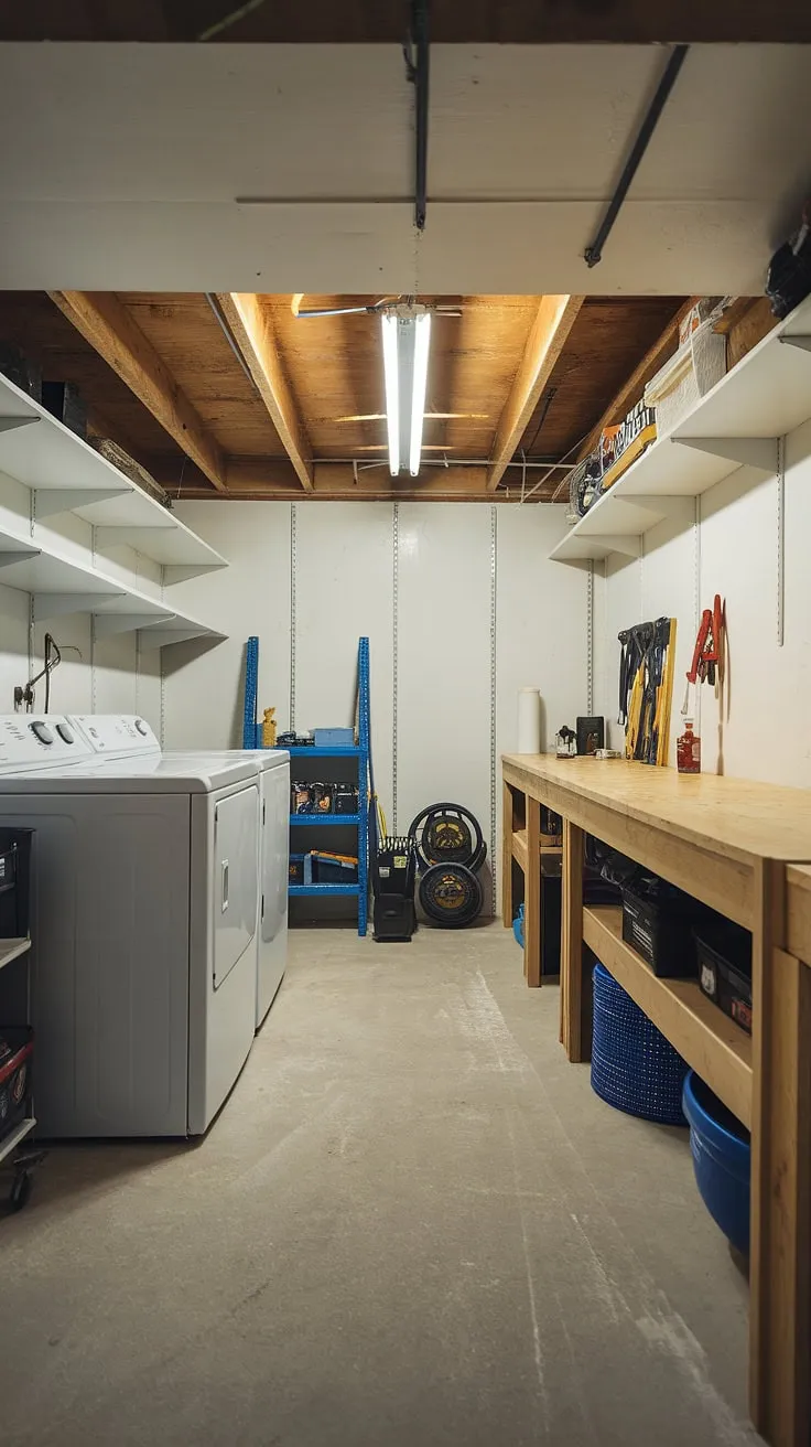 Unleash the potential of your unfinished basement! This downstairs basement ideas showcase a clever blend of basement laundry ideas and workshop functionality, creating a truly multipurpose basement room. A perfect example of unfinished basement transformations.
