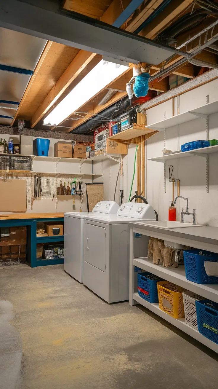 Unleash the potential of your downstairs basement ideas! This unfinished basement transformations showcases a stunning multipurpose basement room, complete with laundry in basement, a workbench, and ample storage. Brilliant basement laundry ideas for any home.