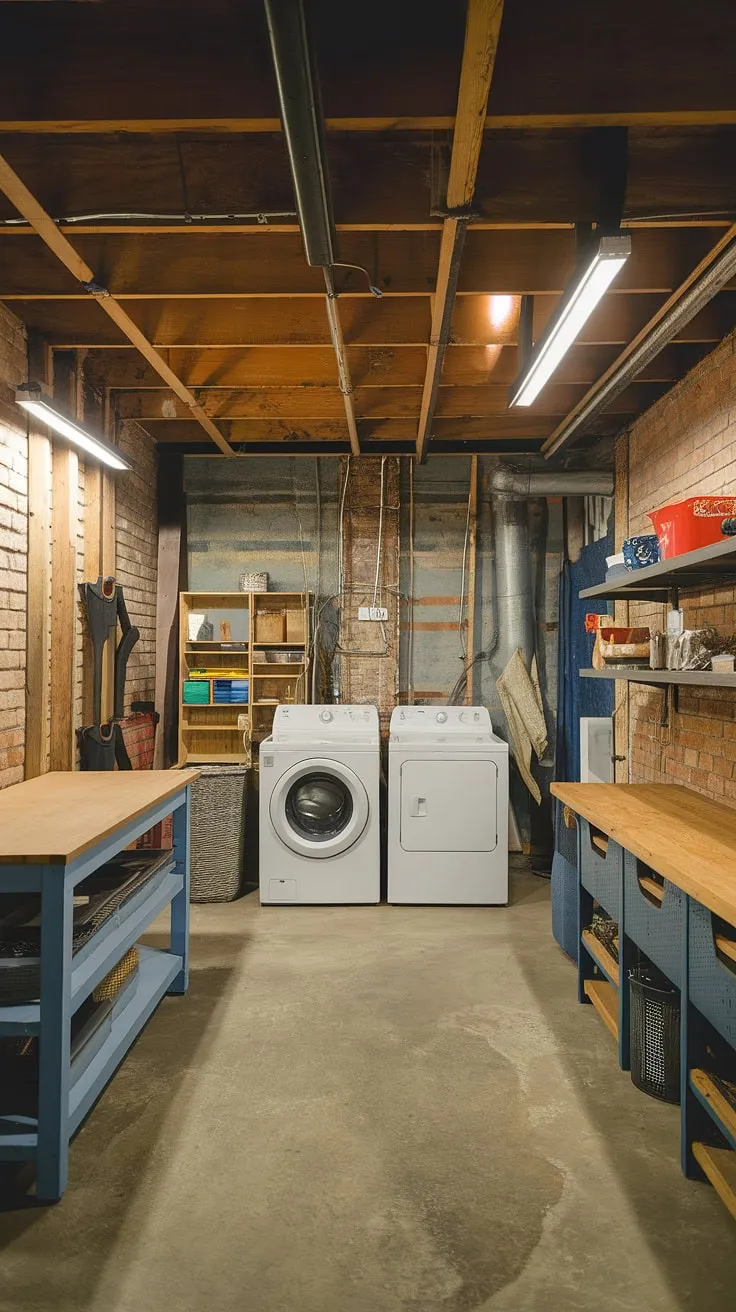 This multipurpose basement room showcases clever basement design ideas, transforming an unfinished basement into a functional and stylish space. The exposed brick walls and wooden beams add rustic charm, while the dedicated laundry area (featuring a washer and dryer) seamlessly integrates with the workbench, shelves, and table. This is a prime example of how to cleverly incorporate laundry in basement spaces, offering practical basement laundry ideas and inspiring downstairs basement ideas for unfinished basement transformations.
